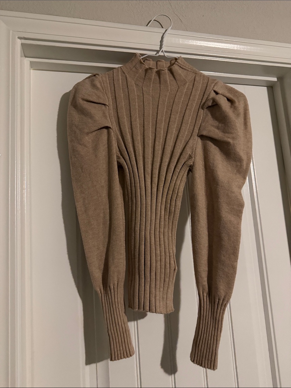 Ribbed Pleat-Front Cowl Neck Sweater in Beige